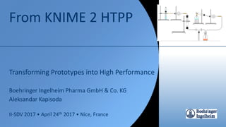 From KNIME 2 HTPP
Transforming Prototypes into High Performance
Boehringer Ingelheim Pharma GmbH & Co. KG
Aleksandar Kapisoda
II-SDV 2017 • April 24th 2017 • Nice, France
 