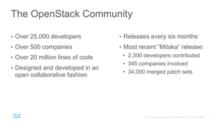 The OpenStack Community
• Over 25,000 developers
• Over 500 companies
• Over 20 million lines of code
• Designed and developed in an
open collaborative fashion
• Releases every six months
• Most recent “Mitaka” release:
• 2,300 developers contributed
• 345 companies involved
• 34,000 merged patch sets
 