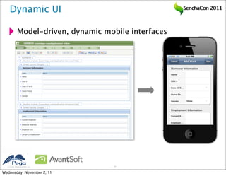 Dynamic UI                                       SenchaCon 2011



           Model-driven, dynamic mobile interfaces




   2011 Pegasystems Inc.           14


Wednesday, November 2, 11
 