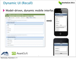 Dynamic UI (Recall)                              SenchaCon 2011



           Model-driven, dynamic mobile interfaces




   2011 Pegasystems Inc.           22


Wednesday, November 2, 11
 