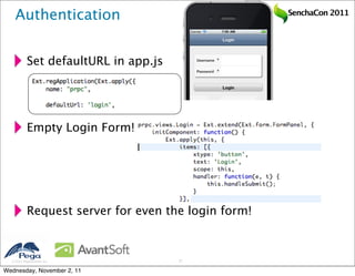 Authentication                                   SenchaCon 2011




           Set defaultURL in app.js




           Empty Login Form!




           Request server for even the login form!



   2011 Pegasystems Inc.             27


Wednesday, November 2, 11
 