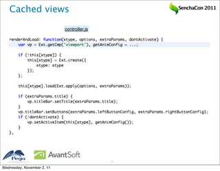 Cached views                                 SenchaCon 2011



                            controller.js




   2011 Pegasystems Inc.                   29


Wednesday, November 2, 11
 