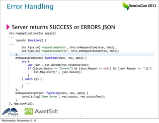 Error Handling                                 SenchaCon 2011




           Server returns SUCCESS or ERRORS JSON




   2011 Pegasystems Inc.          38


Wednesday, November 2, 11
 
