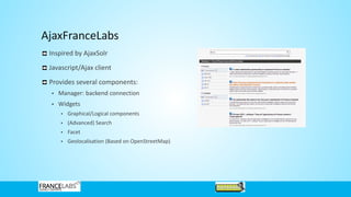 AjaxFranceLabs
Inspired by AjaxSolr
Javascript/Ajax client
Provides several components:
• Manager: backend connection
• Widgets
• Graphical/Logical components
• (Advanced) Search
• Facet
• Geolocalisation (Based on OpenStreetMap)
 