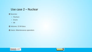 Use case 2 – Nuclear
Sources:
• Fileshare
• Oracle
• DB
Volume: 15 M docs
Users: Maintenance operators
 