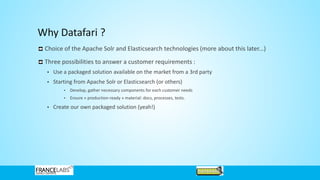 Why Datafari ?
Choice of the Apache Solr and Elasticsearch technologies (more about this later...)
Three possibilities to answer a customer requirements :
• Use a packaged solution available on the market from a 3rd party
• Starting from Apache Solr or Elasticsearch (or others)
• Develop, gather necessary components for each customer needs
• Ensure « production-ready » material: docs, processes, tests.
• Create our own packaged solution (yeah!)
 