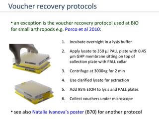 Voucher recovery protocols Incubate overnight in a lysis buffer Apply lysate to 350 µl PALL plate with 0.45 µm GHP membrane sitting on top of collection plate with PALL collar Centrifuge at 3000×g for 2 min Use clarified lysate for extraction Add 95% EtOH to lysis and PALL plates Collect vouchers under microscope an exception is the voucher recovery protocol used at BIO for small arthropods e.g.  Porco et al 2010 : see also  Natalia Ivanova’s poster  (B70) for another protocol 