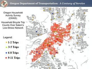 Oregon Household Activity Survey (OHAS): Household Bicycle Trip Counts Over Salem’s Low-Stress Network 
Legend:  