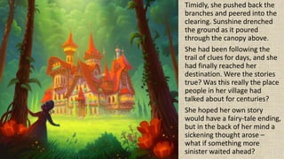 Timidly, she pushed back the
branches and peered into the
clearing. Sunshine drenched
the ground as it poured
through the canopy above.
She had been following the
trail of clues for days, and she
had finally reached her
destination. Were the stories
true? Was this really the place
people in her village had
talked about for centuries?
She hoped her own story
would have a fairy-tale ending,
but in the back of her mind a
sickening thought arose –
what if something more
sinister waited ahead?
 