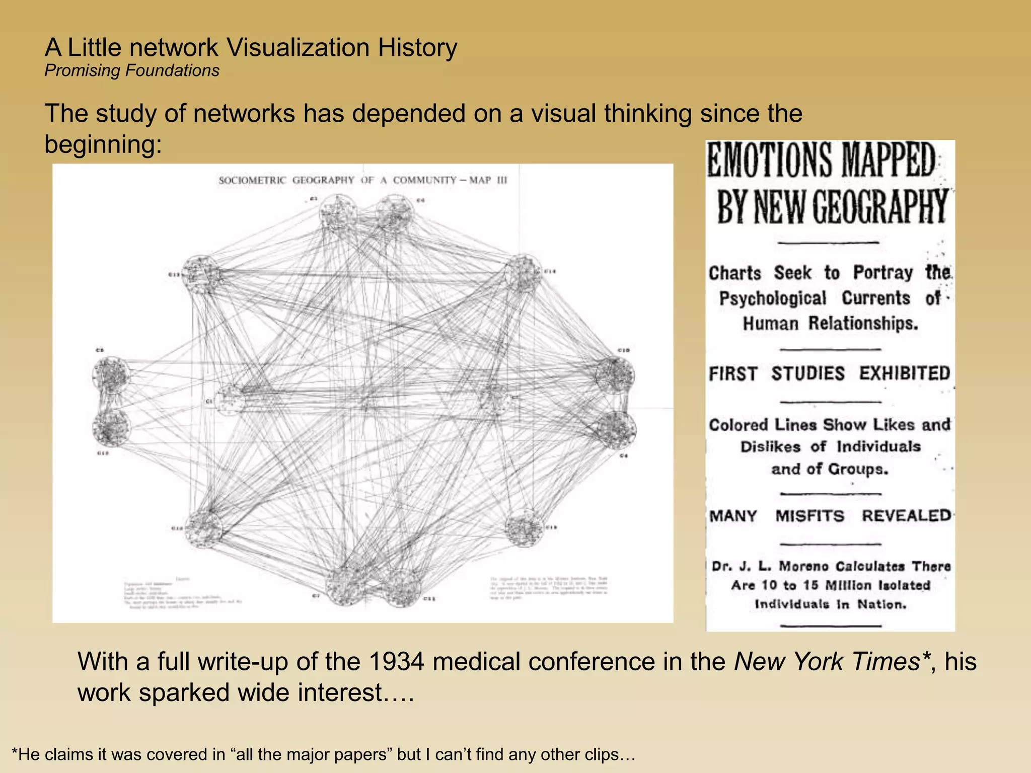 With a full write-up of the 1934 medical conference in the New York Times*, his
work sparked wide interest….
A Little network Visualization History
The study of networks has depended on a visual thinking since the
beginning:
*He claims it was covered in “all the major papers” but I can’t find any other clips…
Promising Foundations
 