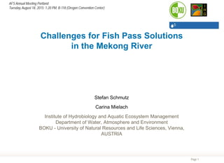 Page 1
Challenges for Fish Pass Solutions
in the Mekong River
Stefan Schmutz
Carina Mielach
Institute of Hydrobiology and Aquatic Ecosystem Management
Department of Water, Atmosphere and Environment
BOKU - University of Natural Resources and Life Sciences, Vienna,
AUSTRIA
AFS Annual Meeting Portland
Tuesday, August 18, 2015: 1:20 PM, B-118 (Oregon Convention Center)
 