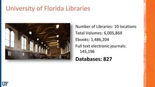 University of Florida Libraries
Number of Libraries: 10 locations
Total Volumes: 6,005,869
Ebooks: 1,486,204
Full text electronic journals:
145,196
Databases: 827
 