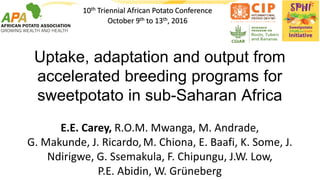 10th Triennial African Potato Conference
October 9th to 13th, 2016
Uptake, adaptation and output from
accelerated breeding programs for
sweetpotato in sub-Saharan Africa
E.E. Carey, R.O.M. Mwanga, M. Andrade,
G. Makunde, J. Ricardo,M. Chiona, E. Baafi, K. Some, J.
Ndirigwe, G. Ssemakula, F. Chipungu, J.W. Low,
P.E. Abidin, W. Grüneberg
 