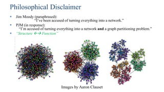 Jim Moody (paraphrased):
“I’ve been accused of turning everything into a network.”
 PJM (in response):
“I’m accused of turning everything into a network and a graph partitioning problem.”
 “Structure  Function”
Philosophical Disclaimer
Images by Aaron Clauset
 