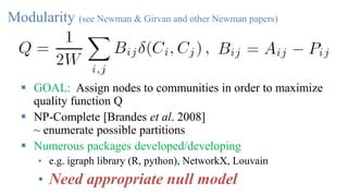 Modularity (see Newman & Girvan and other Newman papers)
 GOAL: Assign nodes to communities in order to maximize
quality function Q
 NP-Complete [Brandes et al. 2008]
~ enumerate possible partitions
 Numerous packages developed/developing
• e.g. igraph library (R, python), NetworkX, Louvain
• Need appropriate null model
 