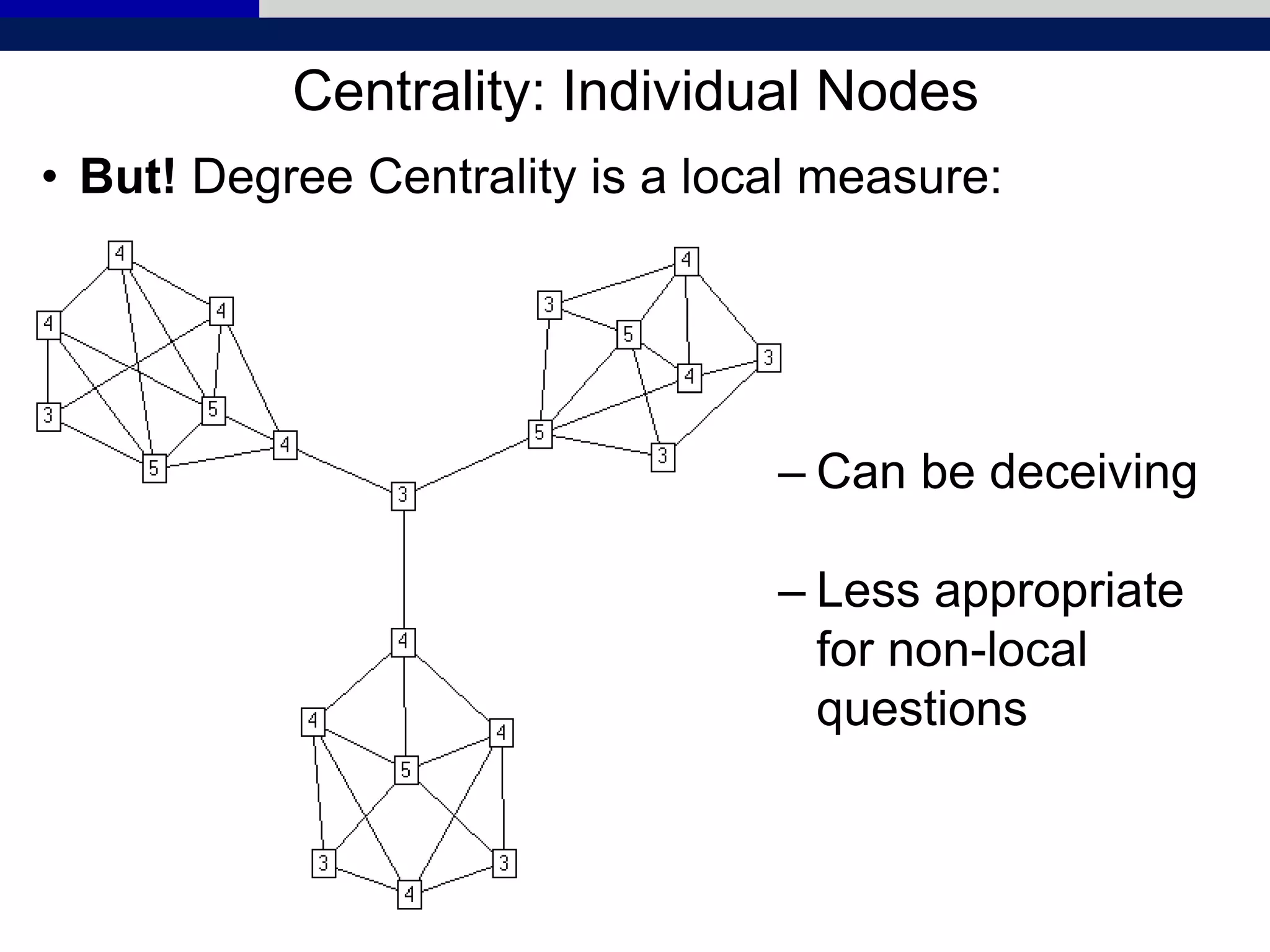 Centrality: Individual Nodes
• But! Degree Centrality is a local measure:
– Can be deceiving
– Less appropriate
for non-local
questions
 