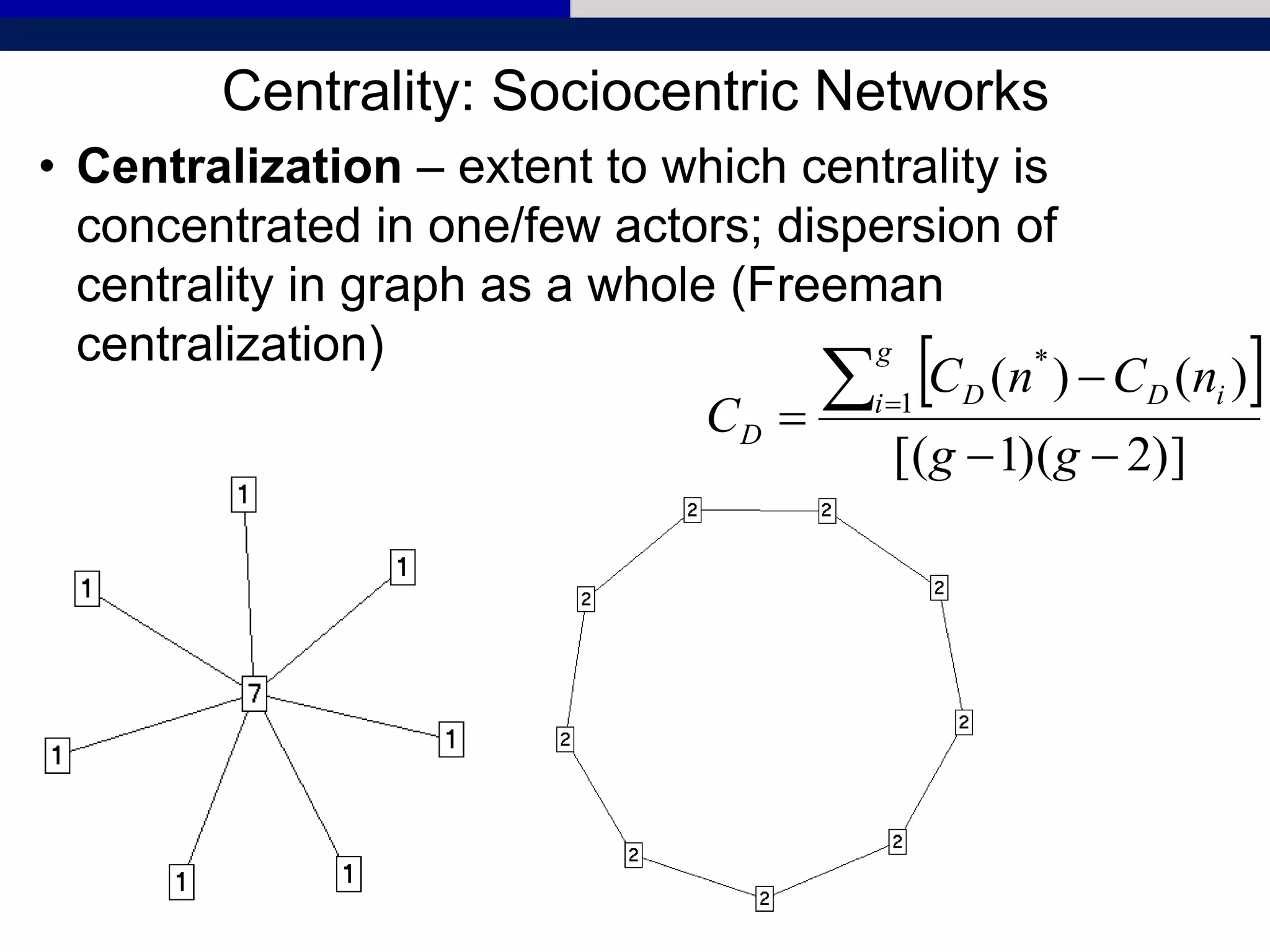 Centrality: Sociocentric Networks
• Centralization – extent to which centrality is
concentrated in one/few actors; dispersion of
centrality in graph as a whole (Freeman
centralization)
 
)]2)(1[(
)()(1
*




gg
nCnC
C
g
i iDD
D
 