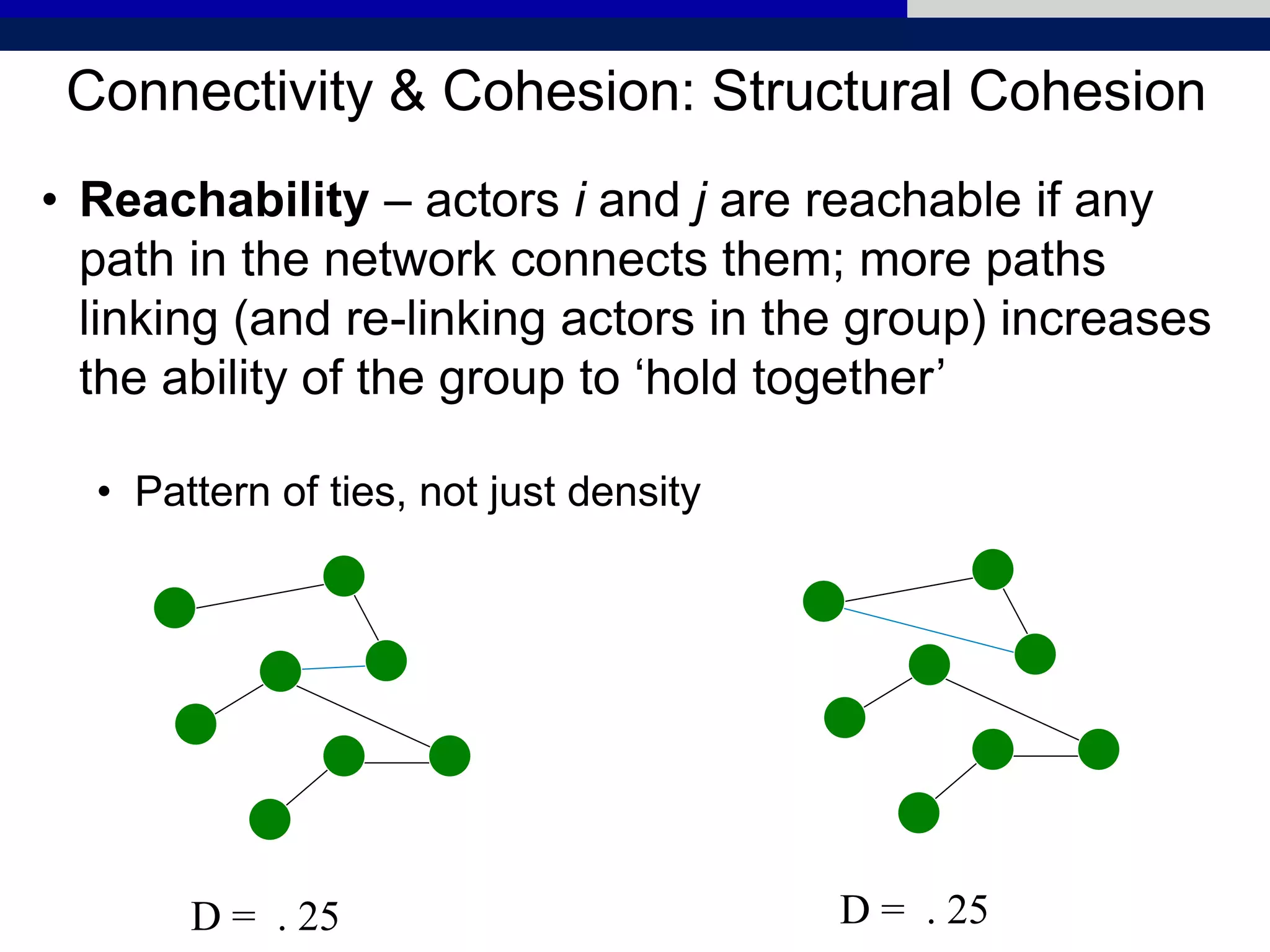 Connectivity & Cohesion: Structural Cohesion
• Reachability – actors i and j are reachable if any
path in the network connects them; more paths
linking (and re-linking actors in the group) increases
the ability of the group to ‘hold together’
• Pattern of ties, not just density
D = . 25 D = . 25
 