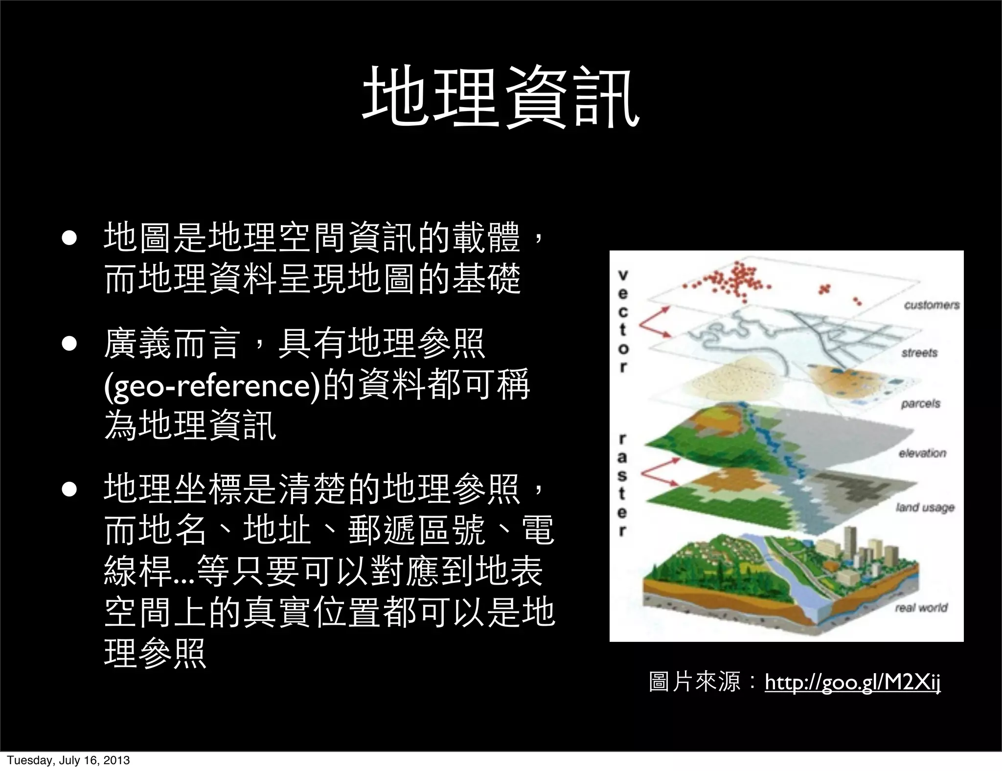 地理資訊
• 地圖是地理空間資訊的載體，
而地理資料呈現地圖的基礎
• 廣義而言，具有地理參照
(geo-reference)的資料都可稱
為地理資訊
• 地理坐標是清楚的地理參照，
而地名、地址、郵遞區號、電
線桿...等只要可以對應到地表
空間上的真實位置都可以是地
理參照
圖片來源：http://goo.gl/M2Xij
Tuesday, July 16, 2013
 