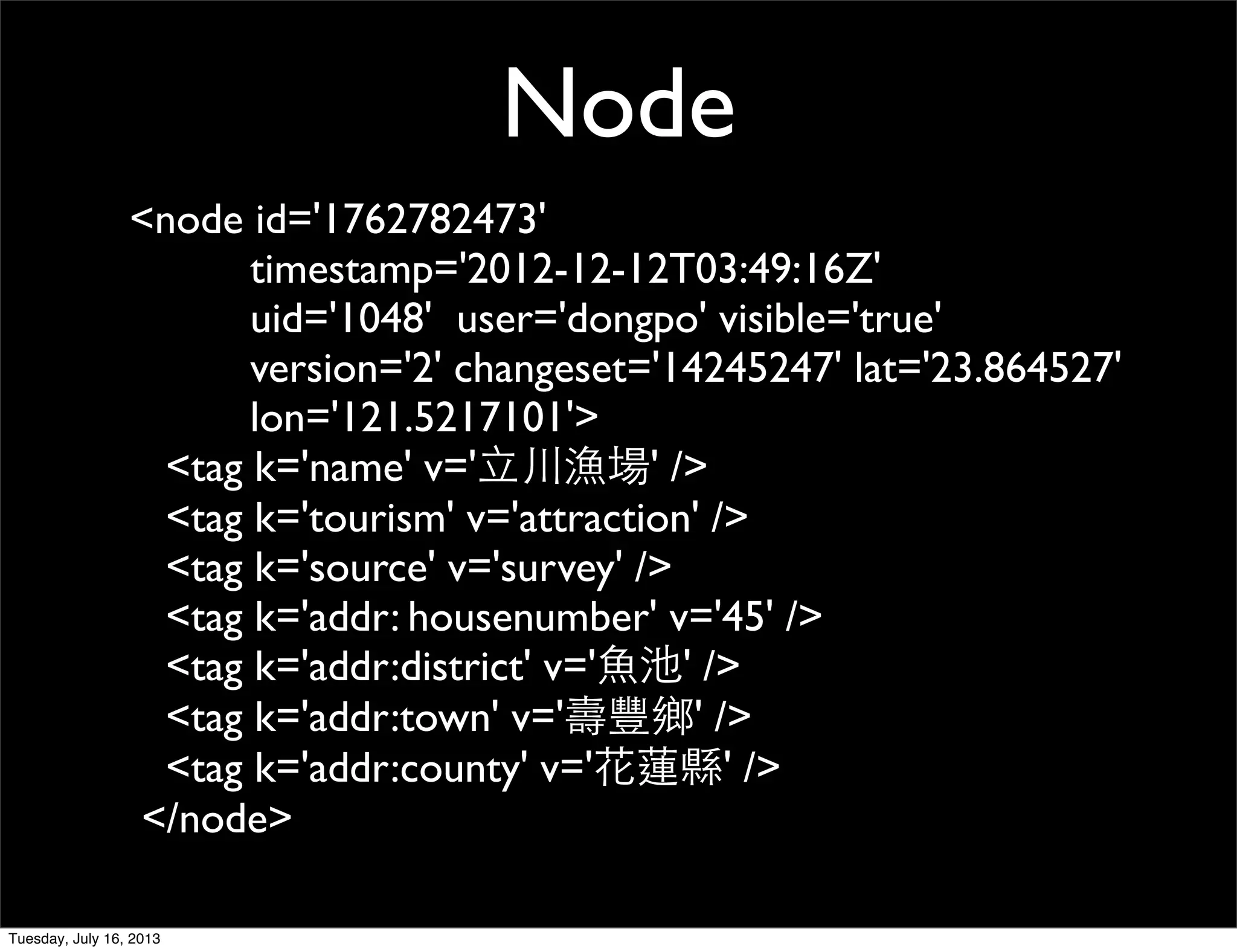 <node id='1762782473'
timestamp='2012-12-12T03:49:16Z'
uid='1048' user='dongpo' visible='true'
version='2' changeset='14245247' lat='23.864527'
lon='121.5217101'>
<tag k='name' v='立川漁場' />
<tag k='tourism' v='attraction' />
<tag k='source' v='survey' />
<tag k='addr: housenumber' v='45' />
<tag k='addr:district' v='魚池' />
<tag k='addr:town' v='壽豐鄉' />
<tag k='addr:county' v='花蓮縣' />
</node>
Node
Tuesday, July 16, 2013
 