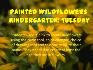 Painted Wildflowers
Kindergarten: Tuesday
Students used KidPix to create wildflowers
using the circle tool, color changer, choice
of drawing tool and textbox to write their
 name. They needed to create at least the
         age they are in flowers.
 