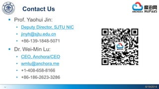 14
Contact Us
 Prof. Yaohui Jin:
• Deputy Director, SJTU NIC
• jinyh@sjtu.edu.cn
• +86-139-1848-5071
 Dr. Wei-Min Lu:
• CEO, Anchora/CEO
• wmlu@anchora.me
• +1-408-658-8166
• +86-186-2623-3286
6/19/2014
 