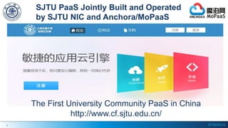 5
SJTU PaaS Jointly Built and Operated
by SJTU NIC and Anchora/MoPaaS
The First University Community PaaS in China
http://www.cf.sjtu.edu.cn/
6/19/2014
 