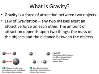 What is Gravity?Gravity is a force of attraction between two objects.Law of Gravitation – any two masses exert an attractive force on each other. The amount of attraction depends upon two things: the mass of the objects and the distance between the objects.