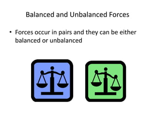 Balanced and Unbalanced ForcesForces occur in pairs and they can be either balanced or unbalanced 