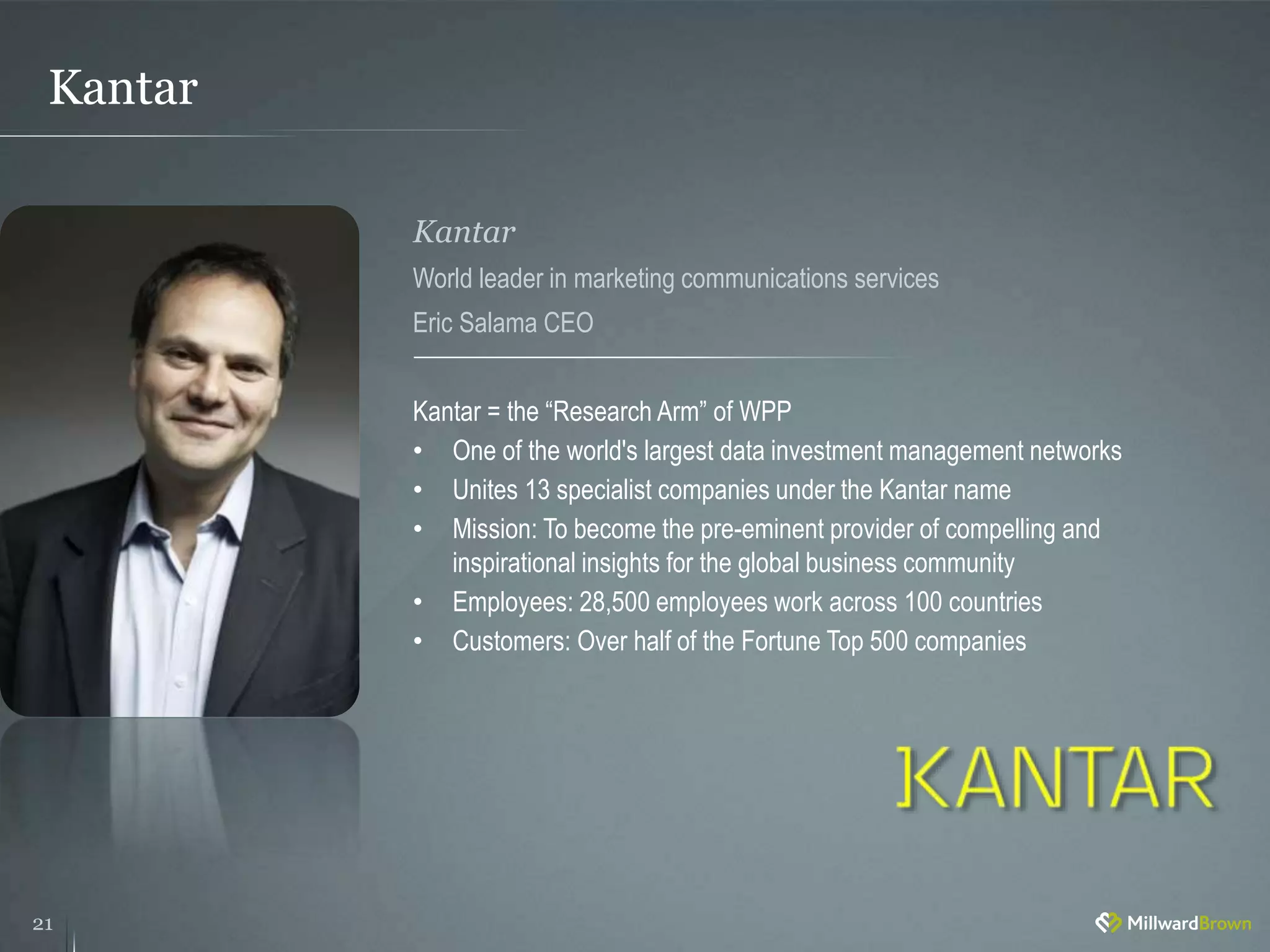 Kantar
21
Kantar = the “Research Arm” of WPP
• One of the world's largest data investment management networks
• Unites 13 specialist companies under the Kantar name
• Mission: To become the pre-eminent provider of compelling and
inspirational insights for the global business community
• Employees: 28,500 employees work across 100 countries
• Customers: Over half of the Fortune Top 500 companies
Kantar
World leader in marketing communications services
Eric Salama CEO
 