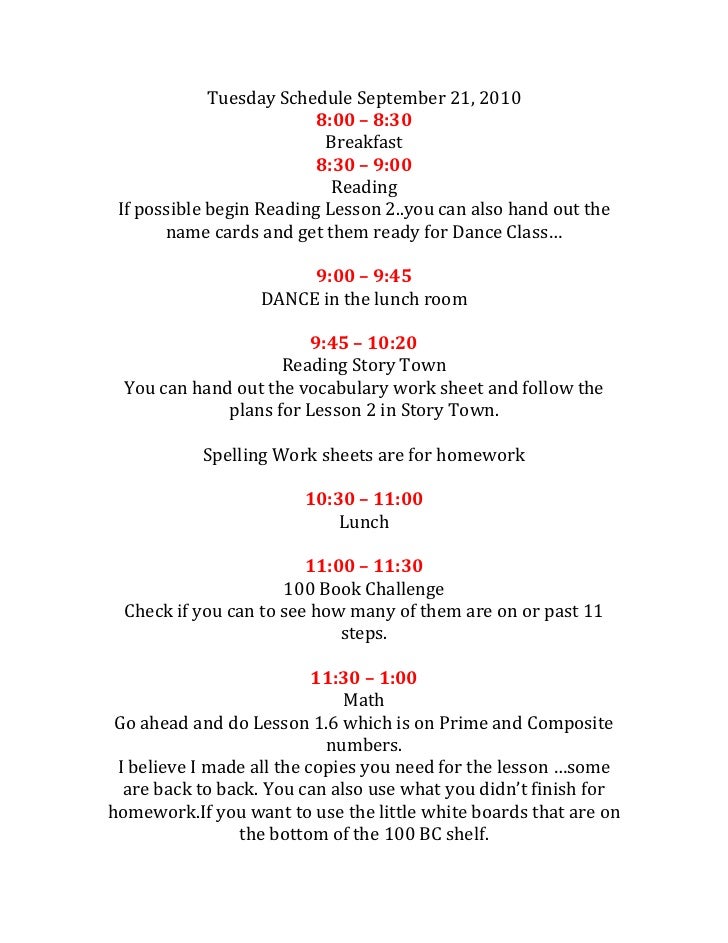 Tuesday Schedule September 21