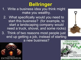 Bellringer

1. Write a business idea you think might
make you wealthy.
2. What specifically would you need to
start this business? (for example, to
start a landscaping company would
need a truck, shovel, and some rocks)
3. Think of two reasons most people just
end up getting a job, instead of starting
a new business?

 