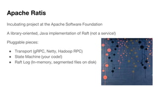 Apache Ratis
Incubating project at the Apache Software Foundation
A library-oriented, Java implementation of Raft (not a s...