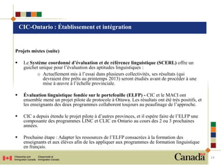 CIC-Ontario : Établissement et intégration


Projets mixtes (suite)

    Le Système coordonné d’évaluation et de référence linguistique (SCERL) offre un
     guichet unique pour l’évaluation des aptitudes linguistiques :
            o Actuellement mis à l’essai dans plusieurs collectivités, ses résultats (qui
              devraient être prêts au printemps 2013) seront étudiés avant de procéder à une
              mise à œuvre à l’échelle provinciale.

    Évaluation linguistique fondée sur le portefeuille (ELFP) - CIC et le MACI ont
     ensemble mené un projet pilote de protocole à Ottawa. Les résultats ont été très positifs, et
     les enseignants des deux programmes collaborent toujours au peaufinage de l’approche.

    CIC a depuis étendu le projet pilote à d’autres provinces, et il espère faire de l’ELFP une
     composante des programmes LINC et CLIC en Ontario au cours des 2 ou 3 prochaines
     années.

    Prochaine étape : Adapter les ressources de l’ELFP consacrées à la formation des
     enseignants et aux élèves afin de les appliquer aux programmes de formation linguistique
     en français.

                                                                                                     14
 