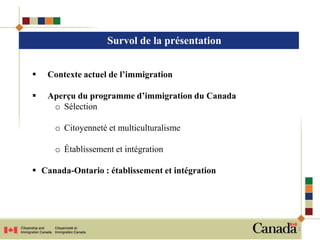 Survol de la présentation


   Contexte actuel de l’immigration

   Aperçu du programme d’immigration du Canada
     o Sélection

     o Citoyenneté et multiculturalisme

     o Établissement et intégration

 Canada-Ontario : établissement et intégration




                                                  2
 