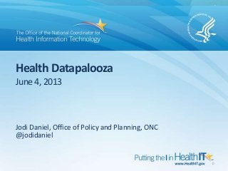 Health Datapalooza
June4, 2013
Jodi Daniel, Office of Policy and Planning, ONC
@jodidaniel
0
 