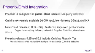 Phoenix/Omid Integration
16
Phoenix is designed for public-cloud scale (>10K query servers)
Omid is extremely scalable (>600k tps), low-latency (<5ms), and HA
New Omid release (1.0.1) - SQL features, improved performance
Supports secondary indexes, extended Snapshot Isolation, downstream
filters
Phoenix releases 4.15 and 5.1 include Omid as Phoenix Tps
Phoenix refactored to support multiple TP backends (Omid is default)
 