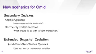 New scenarios for Omid
33
Secondary Indexes
Atomic Updates
How can we update metadata?
On-the-Fly Index Creation
What should we do with inflight transaction?
Extended Snapshot Isolation
Read-Your-Own-Writes Queries
Does not match to snapshot isolation
 