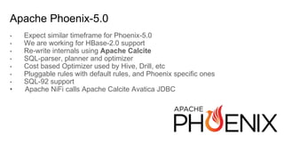 Apache Phoenix-5.0
• Expect similar timeframe for Phoenix-5.0
• We are working for HBase-2.0 support
• Re-write internals ...