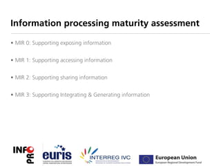 Information processing maturity assessment

• MIR 0: Supporting exposing information


• MIR 1: Supporting accessing information


• MIR 2: Supporting sharing information


• MIR 3: Supporting Integrating & Generating information
 