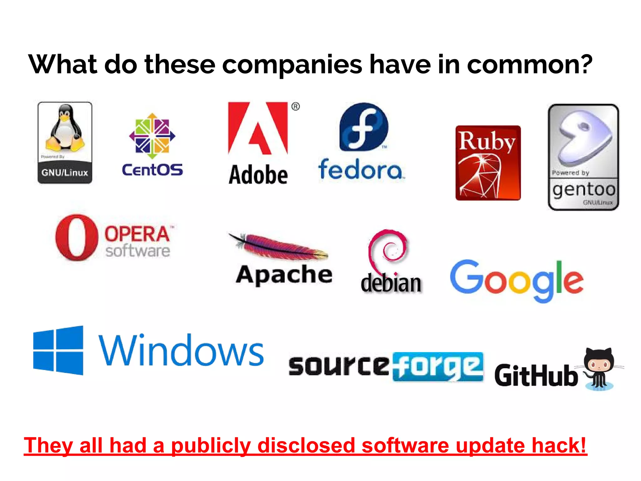 What do these companies have in common?
They all had a publicly disclosed software update hack!
 