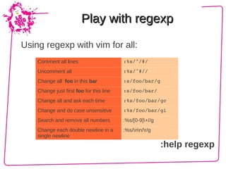Play with regexp

Using regexp with vim for all:
    Comment all lines                     :%s/^/#/
    Uncomment all                         :%s/^#//
    Change all foo in this bar            :s/foo/bar/g
    Change just first foo for this line   :s/foo/bar/
    Change all and ask each time          :%s/foo/bar/gc
    Change and do case unsensitive        :%s/foo/bar/gi
    Search and remove all numbers         :%s/[0-9]+//g
    Change each double newline in a       :%s/nn/r/g
    single newline
                                                           :help regexp
 