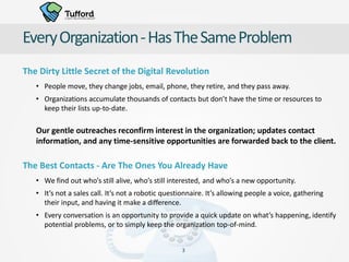 The Dirty Little Secret of the Digital Revolution
• People move, they change jobs, email, phone, they retire, and they pas...