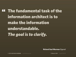 “   The fundamental task of the
    information architect is to
    make the information
    understandable.
    The goal is to clarify.


                                                Richard Saul Wurman Digerati

    © 2011 NATHAN HUENING   sprockethouse.com            12 March 2011   Chapel Hill, NC
 