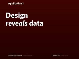 Application 1



Design
reveals data



© 2011 NATHAN HUENING   sprockethouse.com   12 March 2011   Chapel Hill, NC
 