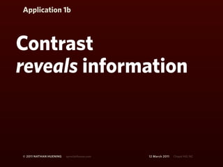 Application 1b



Contrast
reveals information



© 2011 NATHAN HUENING   sprockethouse.com   12 March 2011   Chapel Hill, NC
 