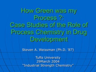 How Green was my Process ?: Case Studies of the Role of Process Chemistry in Drug Development Steven A. Weissman (Ph.D. ’87) Tufts University 29March 2004 “ Industrial Strength Chemistry” 