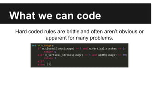 What we can code 
Hard coded rules are brittle and often aren’t obvious or 
apparent for many problems. 
 