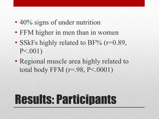 • 40% signs of under nutrition
• FFM higher in men than in women
• SSkFs highly related to BF% (r=0.89,
P<.001)
• Regional muscle area highly related to
total body FFM (r=.98, P<.0001)

Results: Participants

 