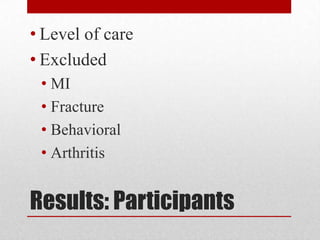 • Level of care
• Excluded
• MI
• Fracture
• Behavioral
• Arthritis

Results: Participants

 